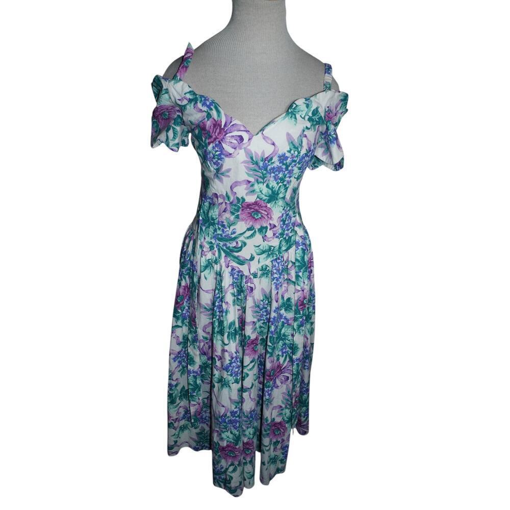 Vintage 80s Expo Petite Cold Shoulder Floral Midi Dress Purple Green Cotton -4 - Picture 2 of 11